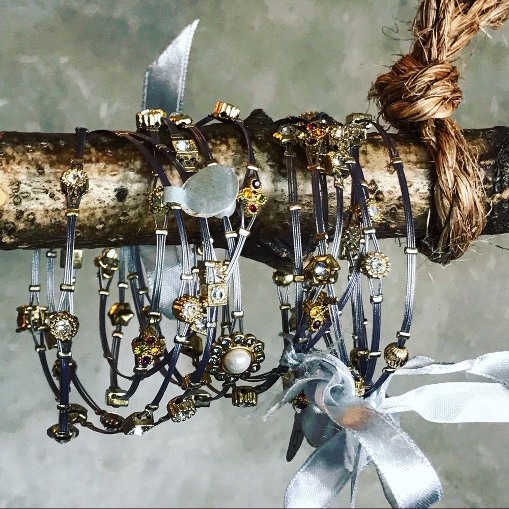 Set of bracelet black wire bangles gold silver